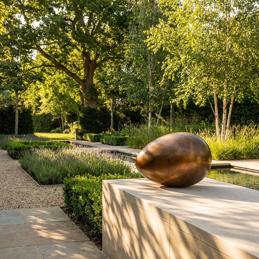 Patinated bronze Creation egg sculpture by James Parker, with a smooth rounded form symbolising fragility, containment, potential and birth.