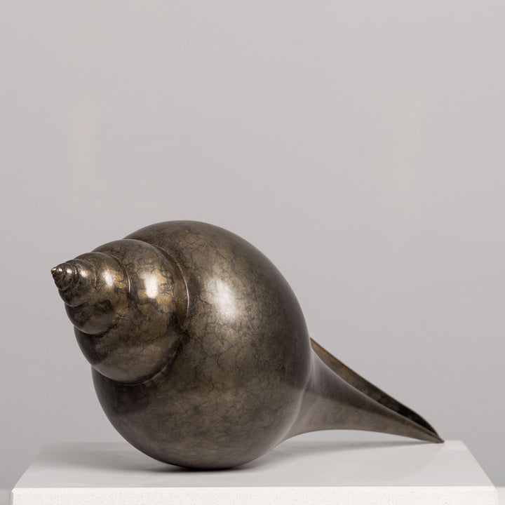 Patinated bronze Shell sculpture by James Parker, inspired by the whelk shell with a smooth spiral form shaped by coastline, memory and natural geometry.