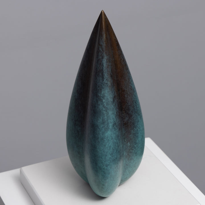 Patinated bronze Bud sculpture by James Parker, with smooth swelling curves, a tapered organic form and a calm sense of growth and renewal.
