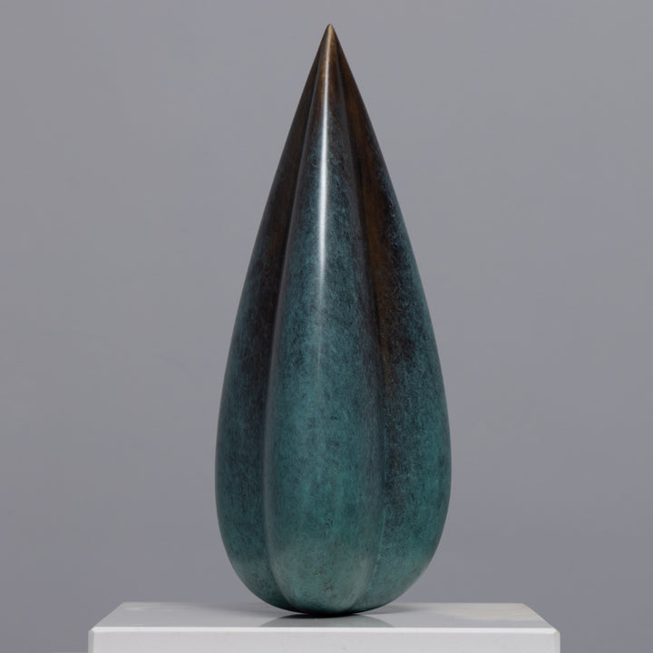 Patinated bronze Bud sculpture by James Parker, with smooth swelling curves, a tapered organic form and a calm sense of growth and renewal.