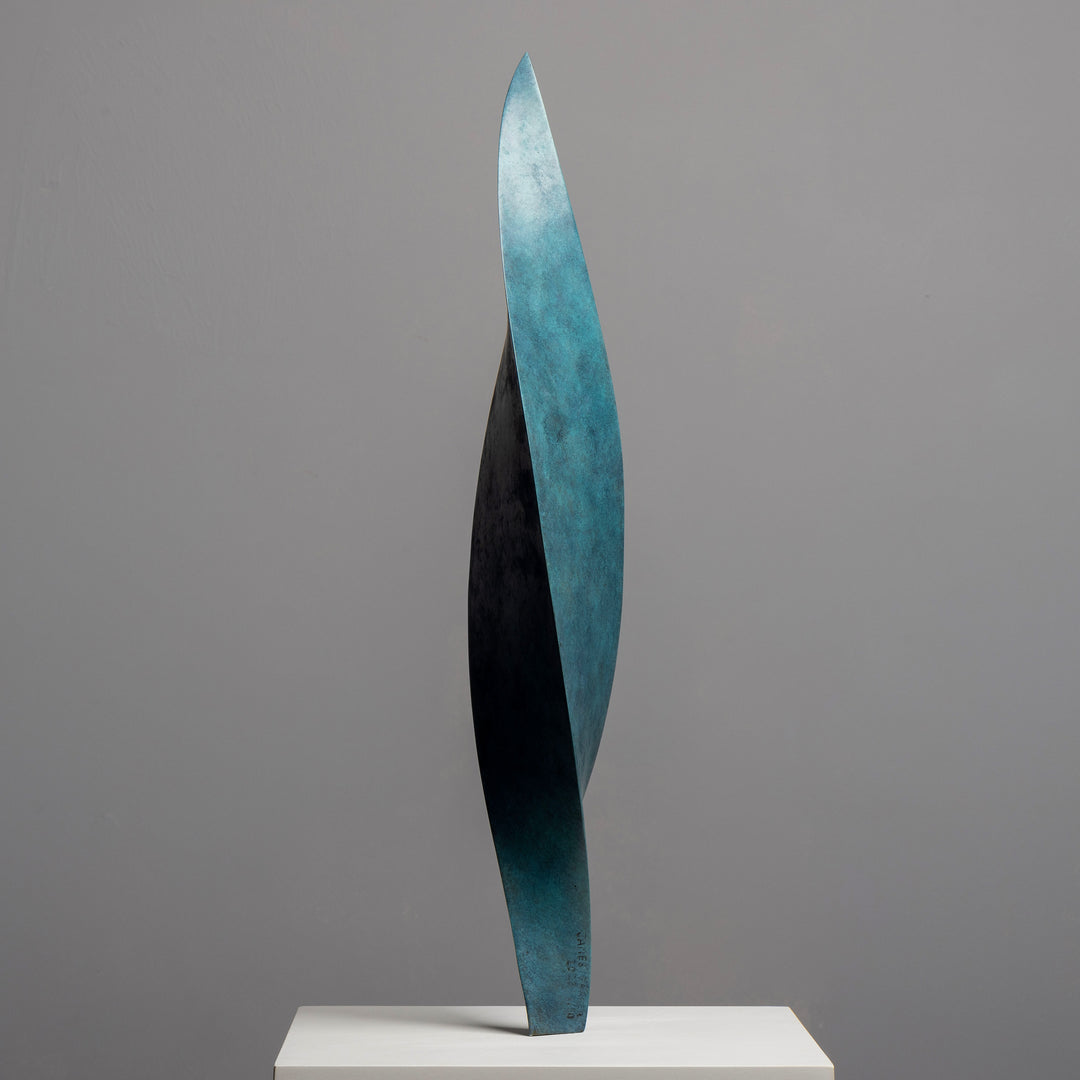 Patinated bronze Leaf sculpture by James Parker, with a gently twisting three-sided form inspired by balance, movement and natural renewal.