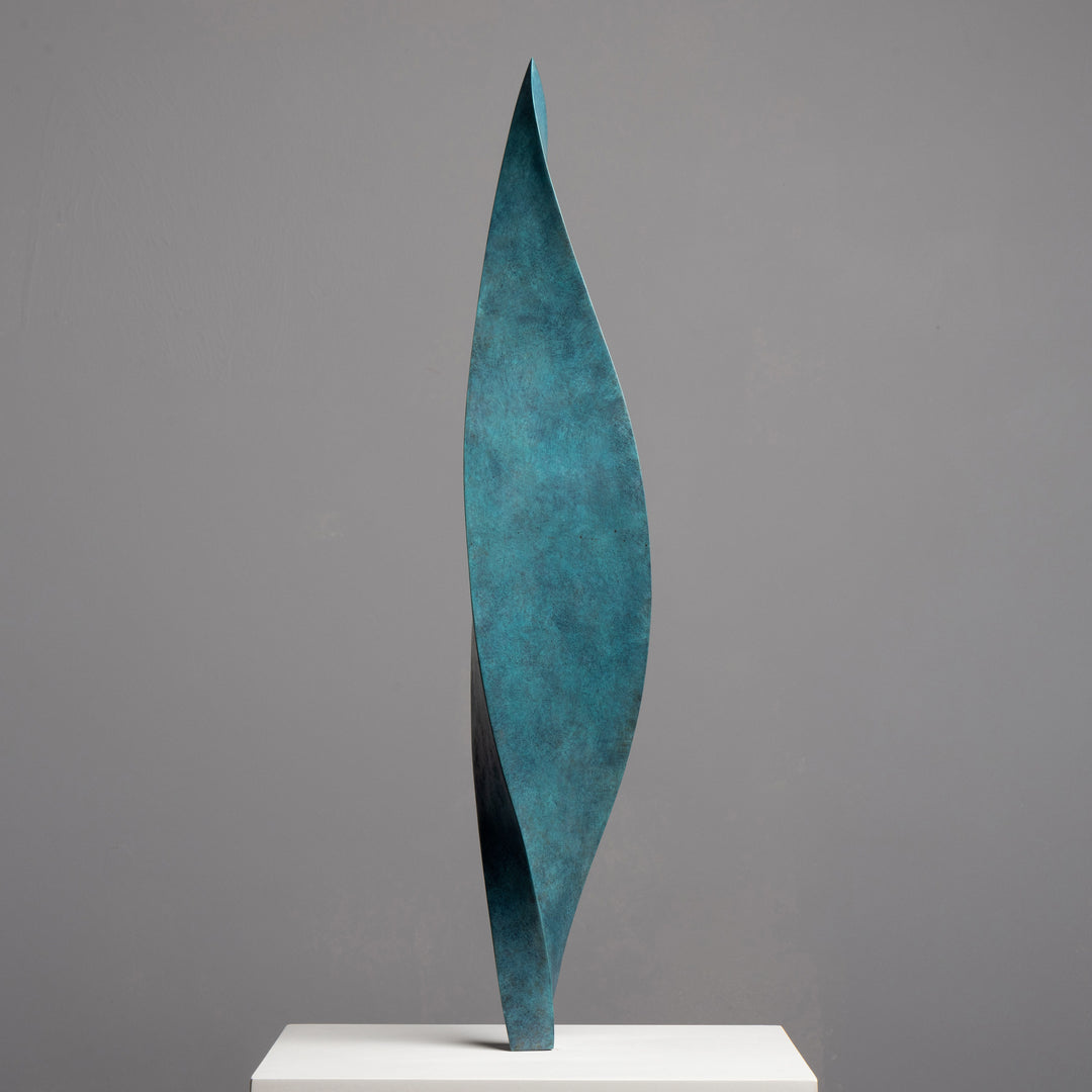 Patinated bronze Leaf sculpture by James Parker, with a gently twisting three-sided form inspired by balance, movement and natural renewal.