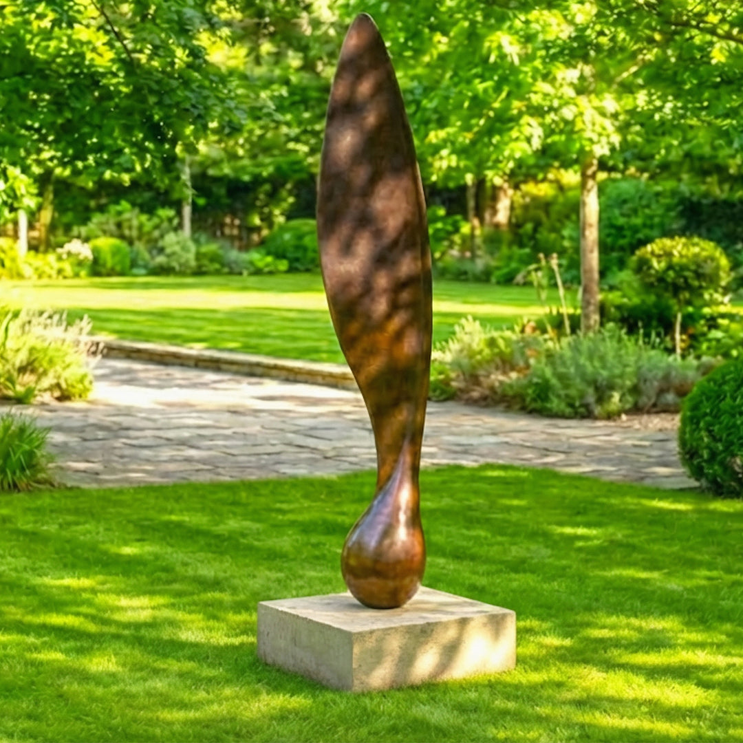 Patinated bronze Sycamore Seed sculpture by James Parker, with an elongated wing-like form, subtle torsion and a sense of suspended movement.