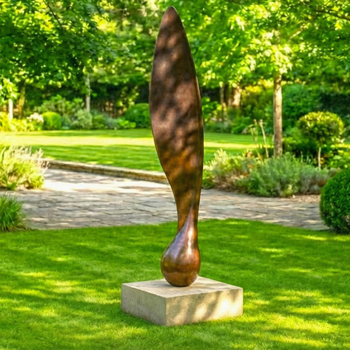 Patinated bronze Sycamore Seed sculpture by James Parker, with an elongated wing-like form, subtle torsion and a sense of suspended movement.