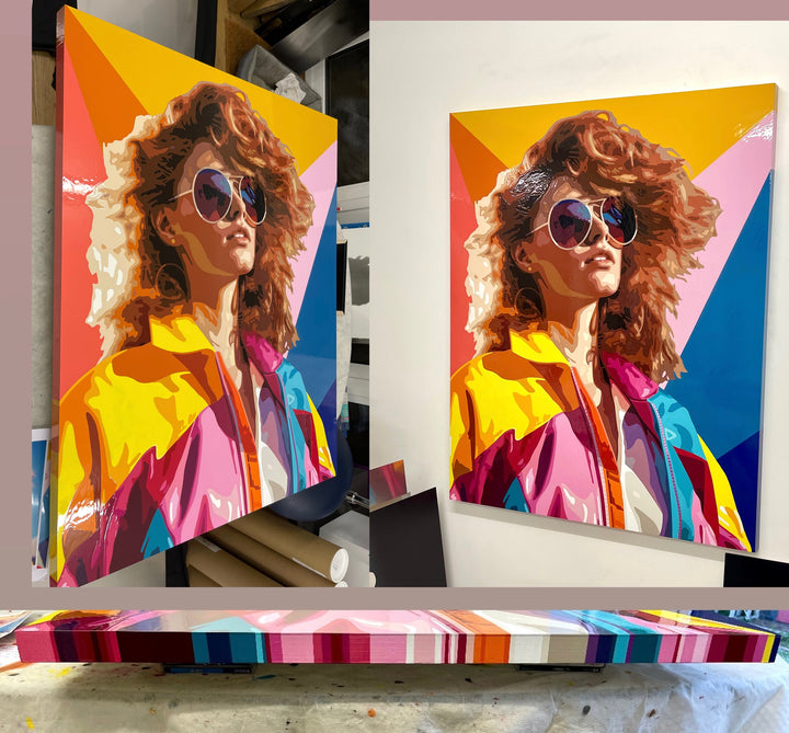 Bold pop art portrait of a woman in vibrant retro jacket and oversized sunglasses.
