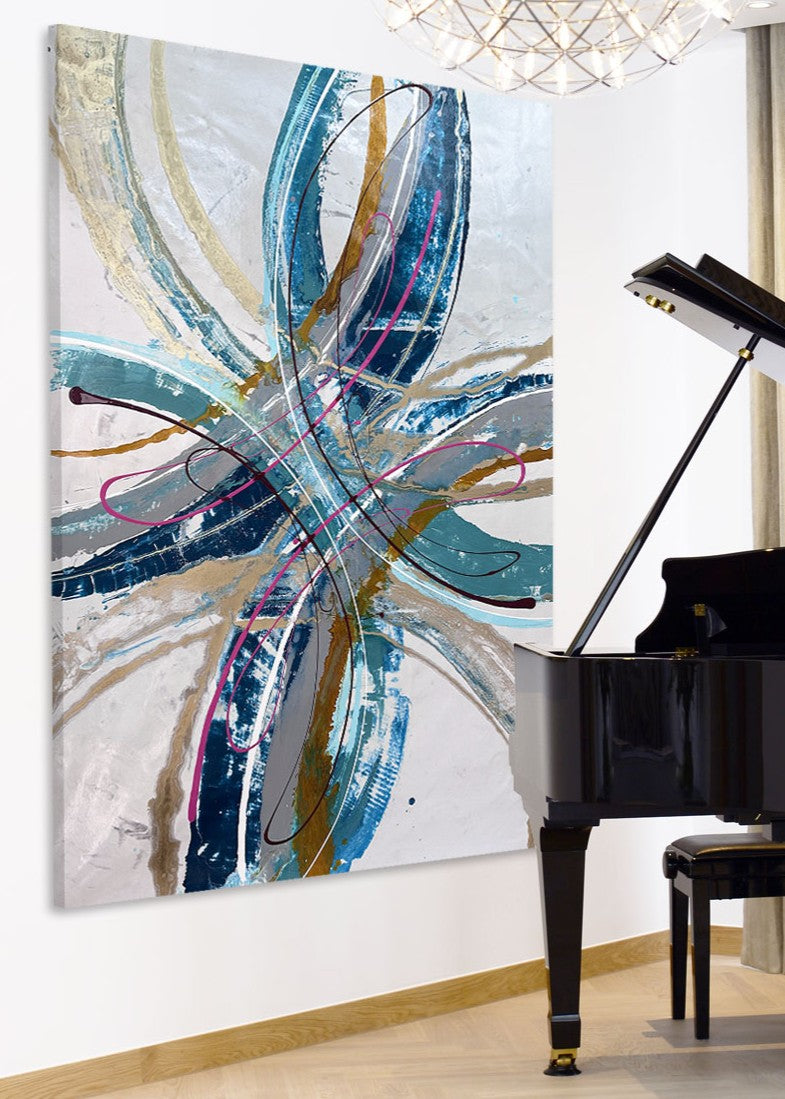Large abstract painting “Anthus” by Swarez — layered arcs and sweeping semi-circles created with poured enamel paint in deep teal, turquoise, navy blue, warm gold, taupe, light grey, ivory, and accents of vivid magenta and burgundy, finished with a high-gloss, fluid texture on canvas.