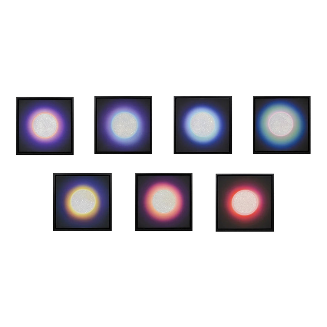 Ascension: Chakra Canvas – Full Collection of 7 by Lauren Baker, a complete chakra series of hand-made mixed media canvases, each embedded with hundreds of pieces of diamond dust and vibrant ink, representing Crown, Third-Eye, Throat, Heart, Solar Plexus, Sacrum, and Root energies.