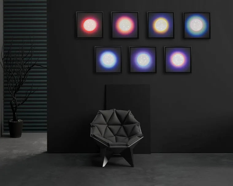 Ascension: Chakra Canvas – Full Collection of 7 by Lauren Baker, a complete chakra series of hand-made mixed media canvases, each embedded with hundreds of pieces of diamond dust and vibrant ink, representing Crown, Third-Eye, Throat, Heart, Solar Plexus, Sacrum, and Root energies.