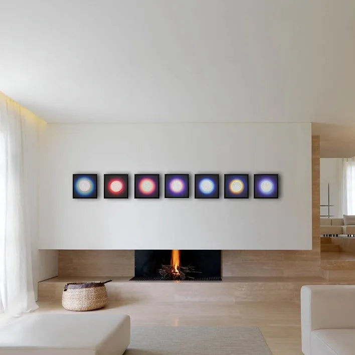 Ascension: Chakra Canvas – Full Collection of 7 by Lauren Baker, a complete chakra series of hand-made mixed media canvases, each embedded with hundreds of pieces of diamond dust and vibrant ink, representing Crown, Third-Eye, Throat, Heart, Solar Plexus, Sacrum, and Root energies.