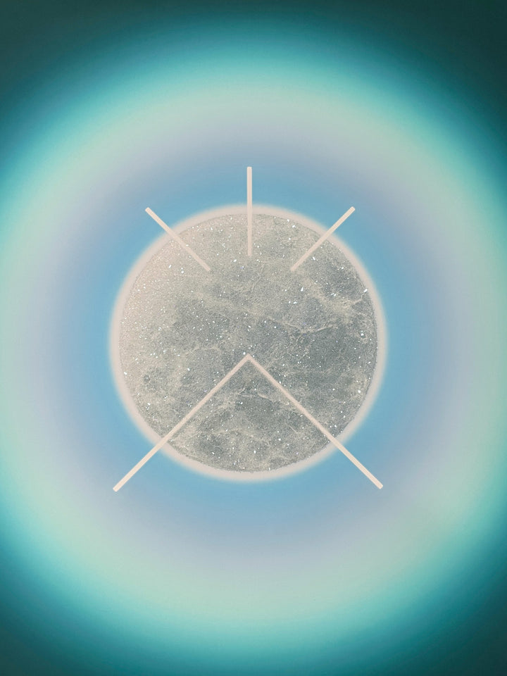 Auric Field: Truthwave by Lauren Baker, a limited edition artwork of ink on fine canvas with hand-embellished diamond dust, featuring a radiant circular form surrounded by glowing gradients of light, framed to evoke cosmic harmony and spiritual resonance.