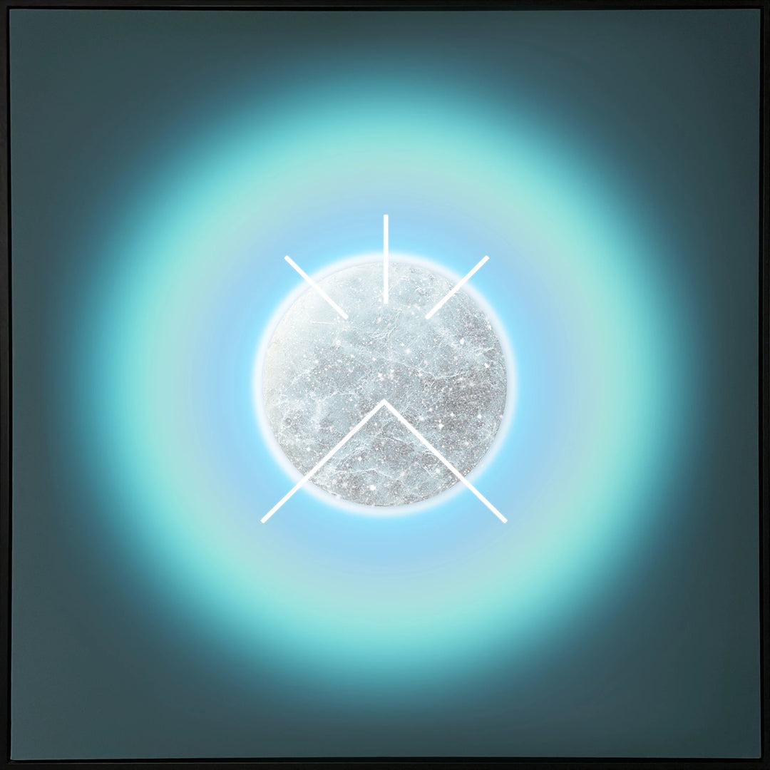 Auric Field: Truthwave by Lauren Baker, a limited edition artwork of ink on fine canvas with hand-embellished diamond dust, featuring a radiant circular form surrounded by glowing gradients of light, framed to evoke cosmic harmony and spiritual resonance.