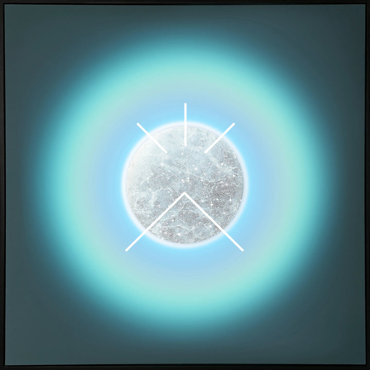 Auric Field: Truthwave by Lauren Baker, a limited edition artwork of ink on fine canvas with hand-embellished diamond dust, featuring a radiant circular form surrounded by glowing gradients of light, framed to evoke cosmic harmony and spiritual resonance.