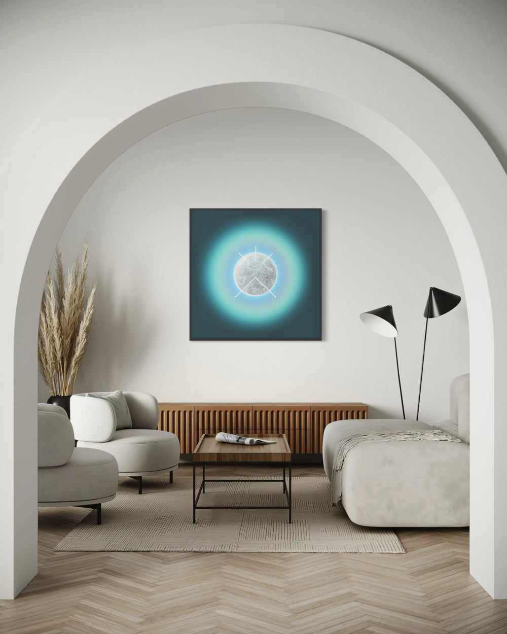Auric Field: Truthwave by Lauren Baker, a limited edition artwork of ink on fine canvas with hand-embellished diamond dust, featuring a radiant circular form surrounded by glowing gradients of light, framed to evoke cosmic harmony and spiritual resonance.
