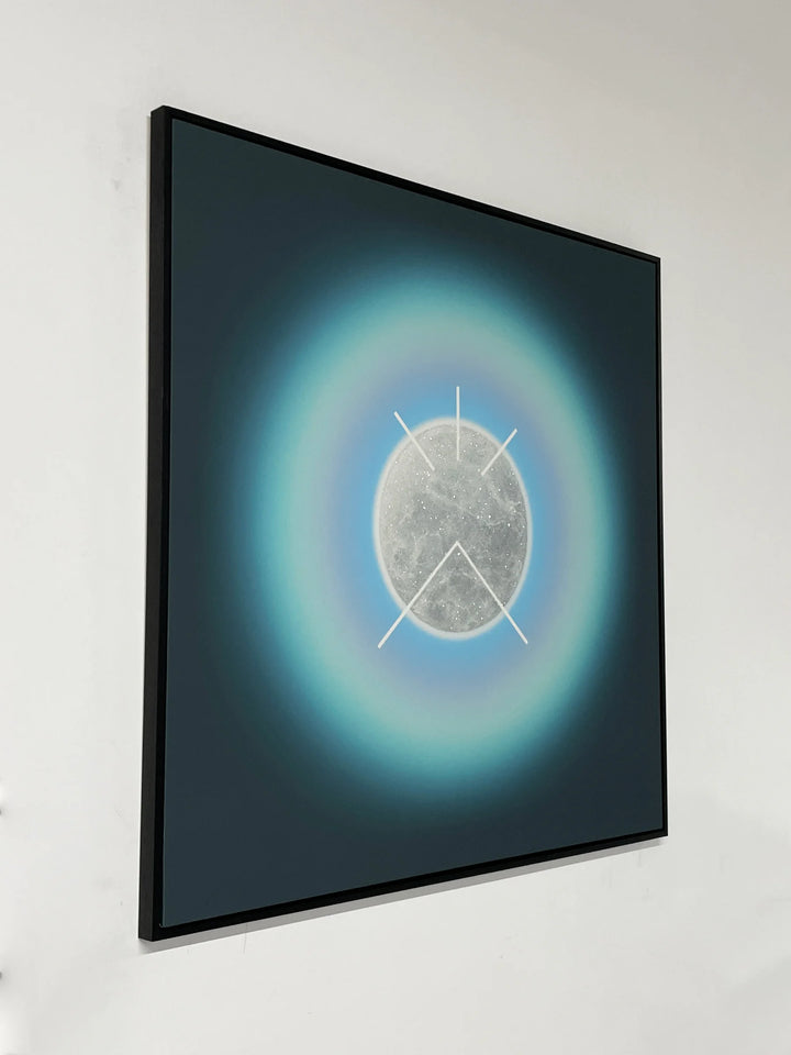 Auric Field: Truthwave by Lauren Baker, a limited edition artwork of ink on fine canvas with hand-embellished diamond dust, featuring a radiant circular form surrounded by glowing gradients of light, framed to evoke cosmic harmony and spiritual resonance.