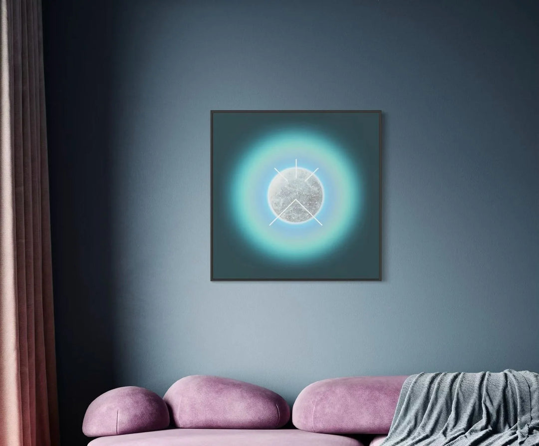 Auric Field: Truthwave by Lauren Baker, a limited edition artwork of ink on fine canvas with hand-embellished diamond dust, featuring a radiant circular form surrounded by glowing gradients of light, framed to evoke cosmic harmony and spiritual resonance.