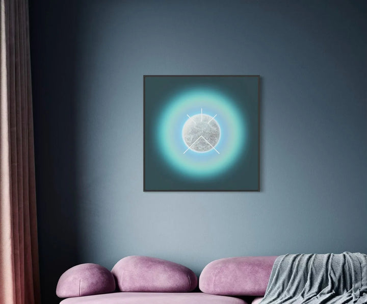 Auric Field: Truthwave by Lauren Baker, a limited edition artwork of ink on fine canvas with hand-embellished diamond dust, featuring a radiant circular form surrounded by glowing gradients of light, framed to evoke cosmic harmony and spiritual resonance.