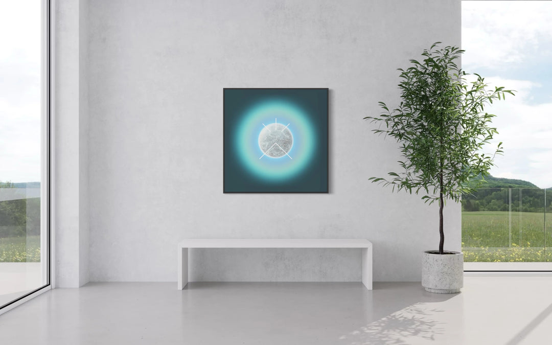 Auric Field: Truthwave by Lauren Baker, a limited edition artwork of ink on fine canvas with hand-embellished diamond dust, featuring a radiant circular form surrounded by glowing gradients of light, framed to evoke cosmic harmony and spiritual resonance.