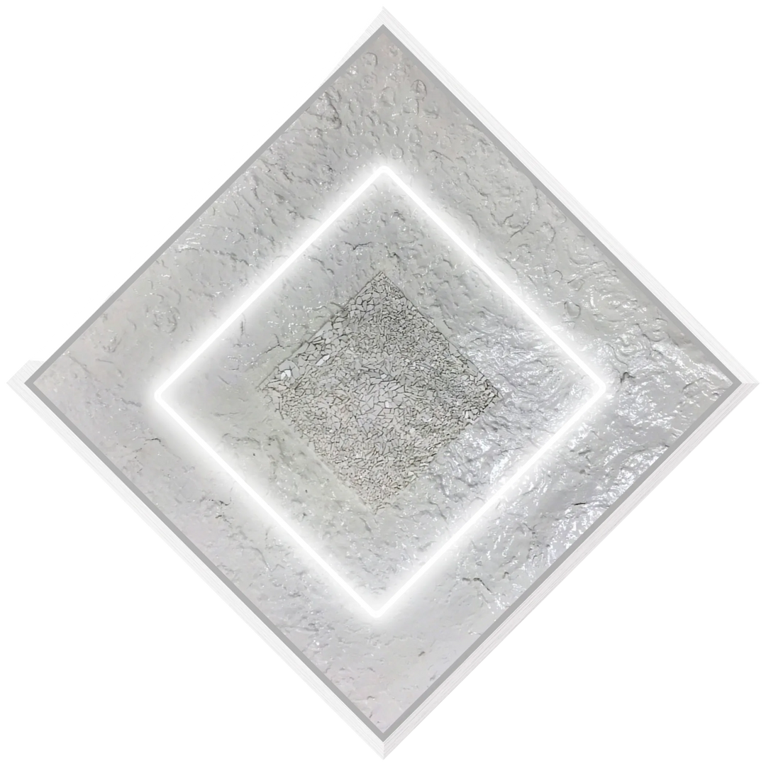 The Void by Lauren Baker, an original mixed media artwork combining white neon, glass, and textured acrylic paint within a box frame, featuring a glowing geometric square that radiates depth, reflection, and cosmic stillness.