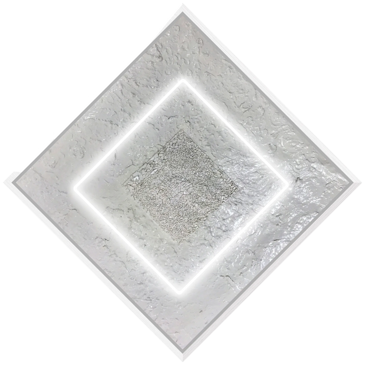 The Void by Lauren Baker, an original mixed media artwork combining white neon, glass, and textured acrylic paint within a box frame, featuring a glowing geometric square that radiates depth, reflection, and cosmic stillness.