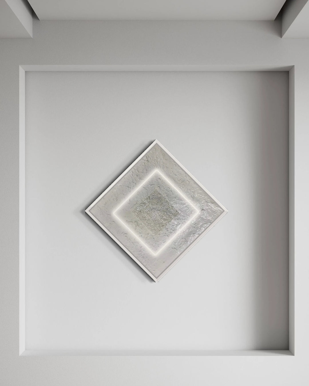 The Void by Lauren Baker, an original mixed media artwork combining white neon, glass, and textured acrylic paint within a box frame, featuring a glowing geometric square that radiates depth, reflection, and cosmic stillness.