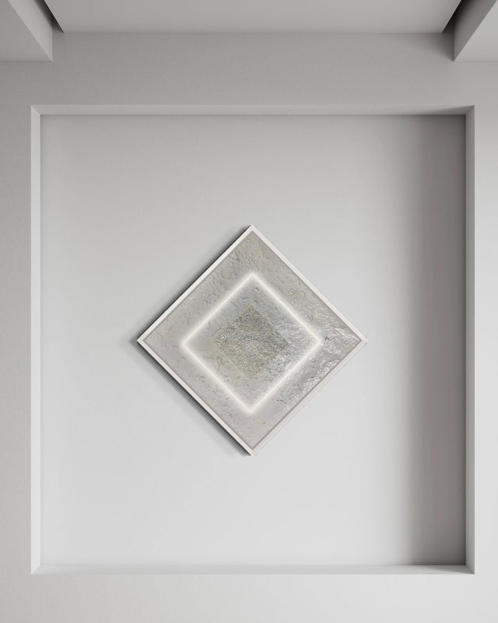 The Void by Lauren Baker, an original mixed media artwork combining white neon, glass, and textured acrylic paint within a box frame, featuring a glowing geometric square that radiates depth, reflection, and cosmic stillness.