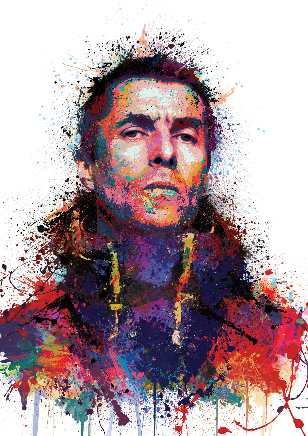 Vibrant hand-embellished portrait of Liam Gallagher created with explosive splashes of colour, blending street art energy with abstract expressionism, printed on fine art paper.