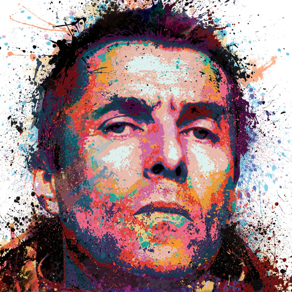 Vibrant hand-embellished portrait of Liam Gallagher created with explosive splashes of colour, blending street art energy with abstract expressionism, printed on fine art paper.