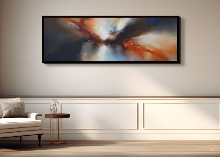 Abstract expressionist painting Light Years Past by Simon Kenny, mixing deep blues, glowing reds, warm ochres, and soft whites in a sweeping cosmic composition that radiates movement, depth, and atmospheric light.