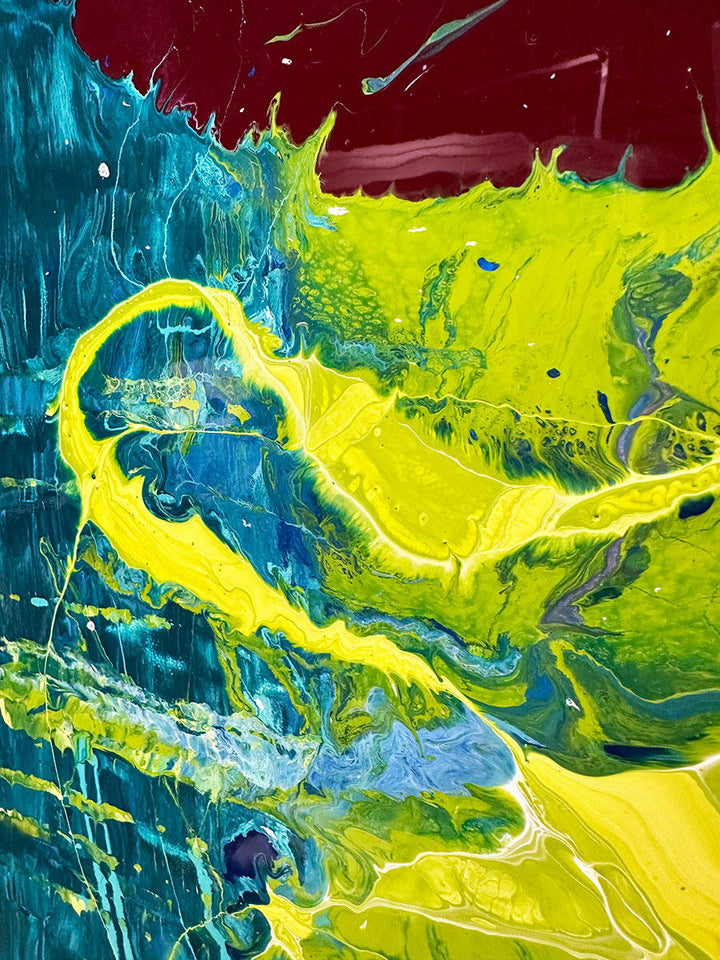 Large abstract painting “Infinite Light” by Swarez — vibrant sweeping strokes of scarlet red, fiery orange and deep burgundy layered over a luminous turquoise and lime green base, with accents of cobalt blue and black. Highly textured enamel surface with bold movement and glossy, light-catching details.