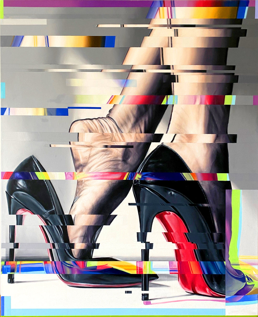 ‘I Want to Cut You Out of My Life, Until I Bleed Out’ by Kris Hardy, an original contemporary figurative painting in oil and acrylic on aluminium, depicting a close-up of a woman's elegantly posed legs wearing iconic black Christian Louboutin stiletto heels with their distinctive glossy red soles. The realistic fashion imagery is interrupted by horizontal glitch-style bands, geometric distortions and vibrant flashes of red, blue, yellow, pink, purple and neon green against a pale grey and white background, 