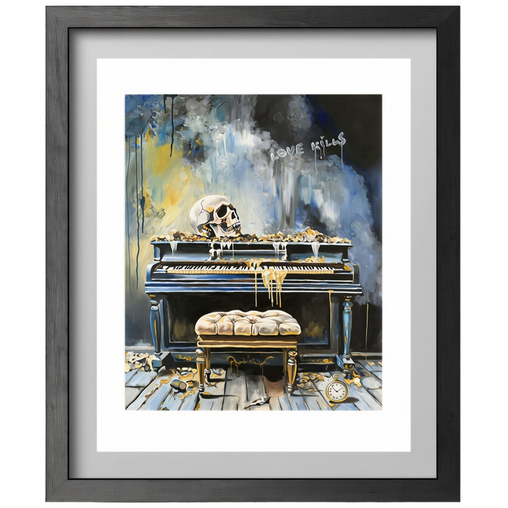 Victoria Saint Love Kills print of an abandoned piano with skull, decaying interior and symbolic objects, exploring themes of loss and suspended time.
