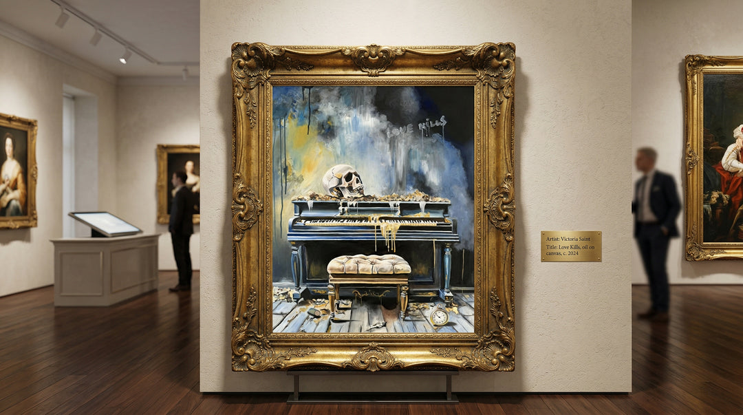 Victoria Saint Love Kills oil painting of an abandoned piano with skull, decaying interior and symbolic objects, exploring themes of loss and suspended time.