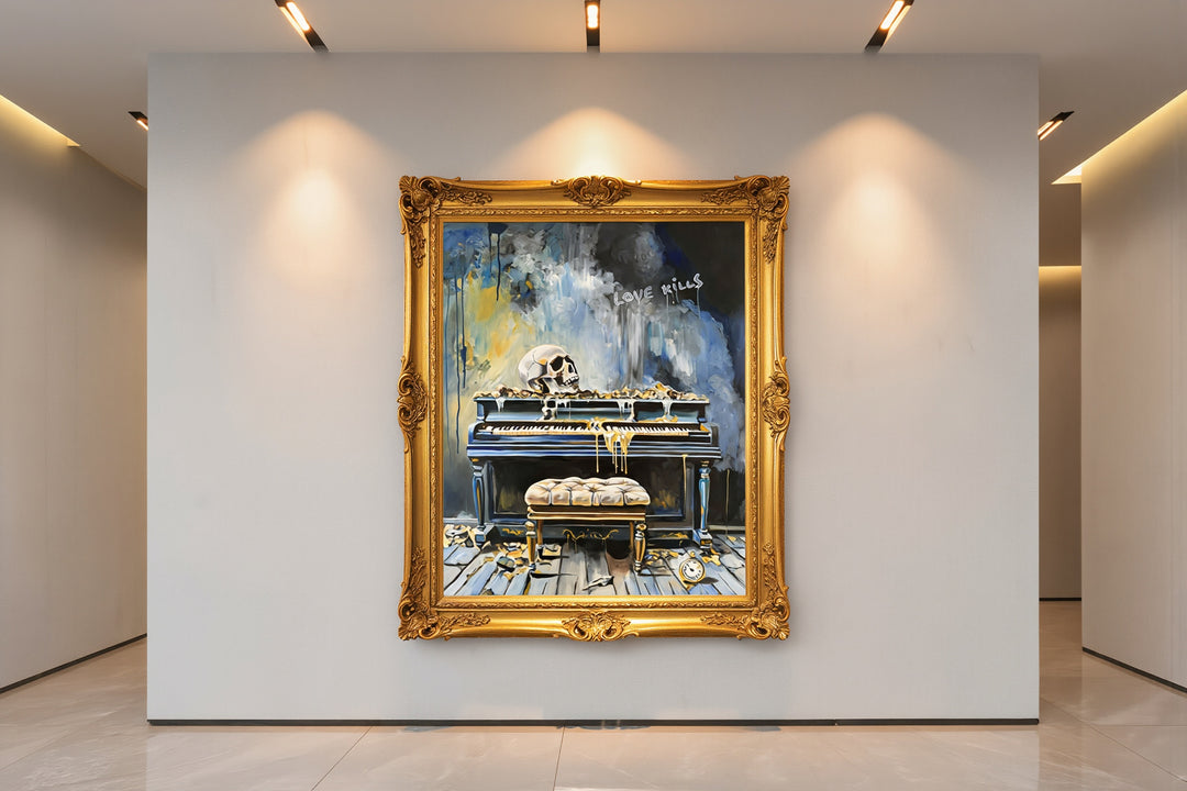 Victoria Saint Love Kills oil painting of an abandoned piano with skull, decaying interior and symbolic objects, exploring themes of loss and suspended time.