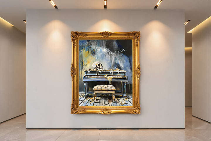 Victoria Saint Love Kills oil painting of an abandoned piano with skull, decaying interior and symbolic objects, exploring themes of loss and suspended time.