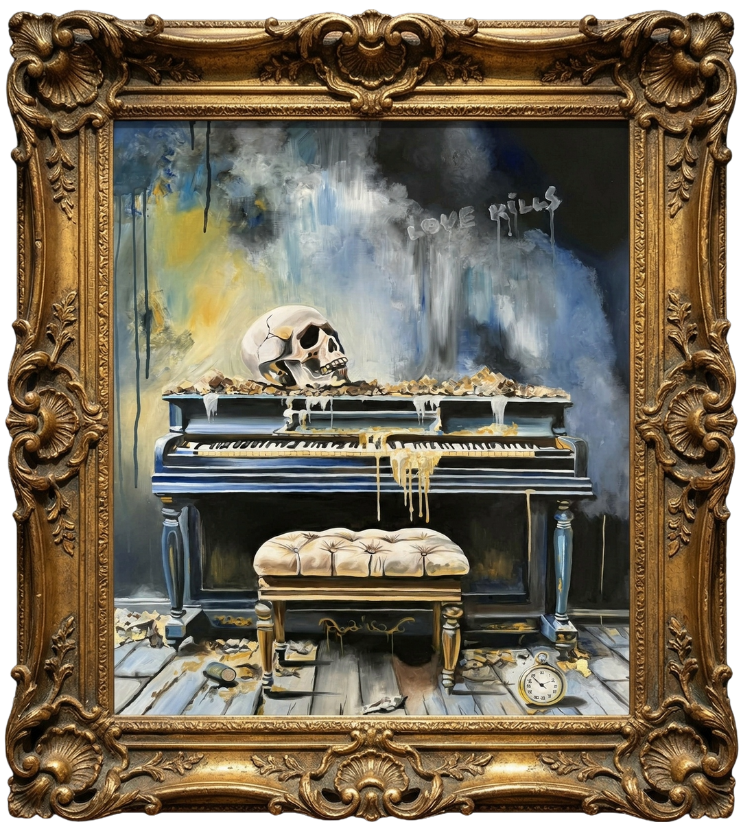 Victoria Saint Love Kills oil painting of an abandoned piano with skull, decaying interior and symbolic objects, exploring themes of loss and suspended time.