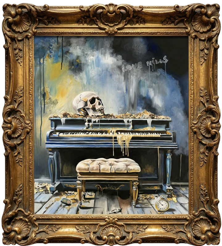 Victoria Saint Love Kills oil painting of an abandoned piano with skull, decaying interior and symbolic objects, exploring themes of loss and suspended time.