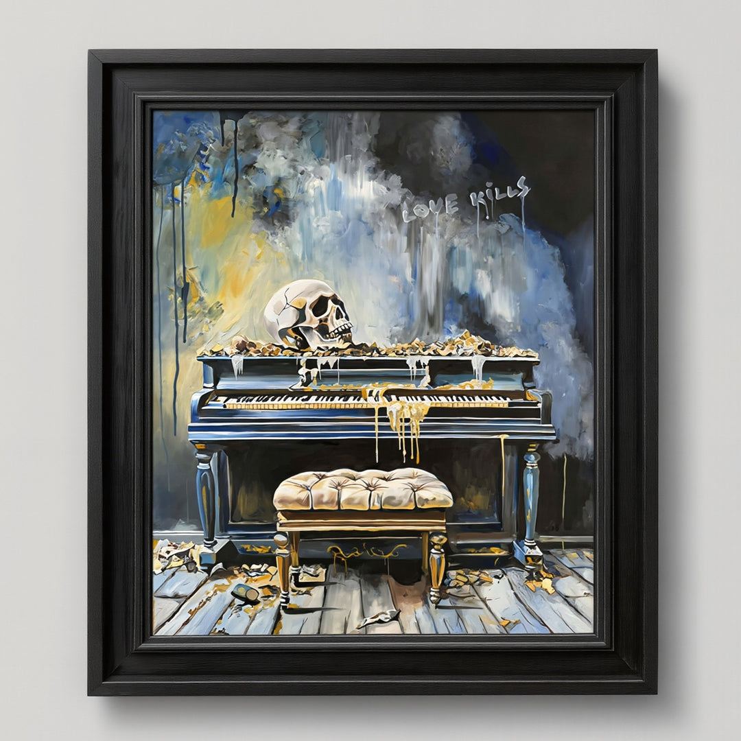Victoria Saint Love Kills print of an abandoned piano with skull, decaying interior and symbolic objects, exploring themes of loss and suspended time.