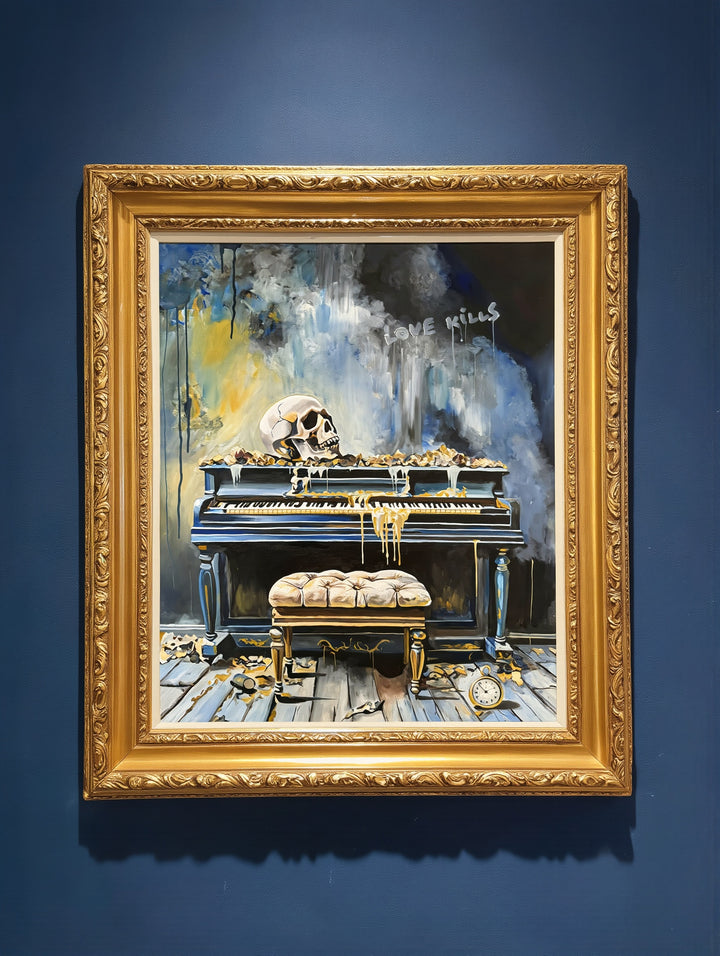 Victoria Saint Love Kills oil painting of an abandoned piano with skull, decaying interior and symbolic objects, exploring themes of loss and suspended time.