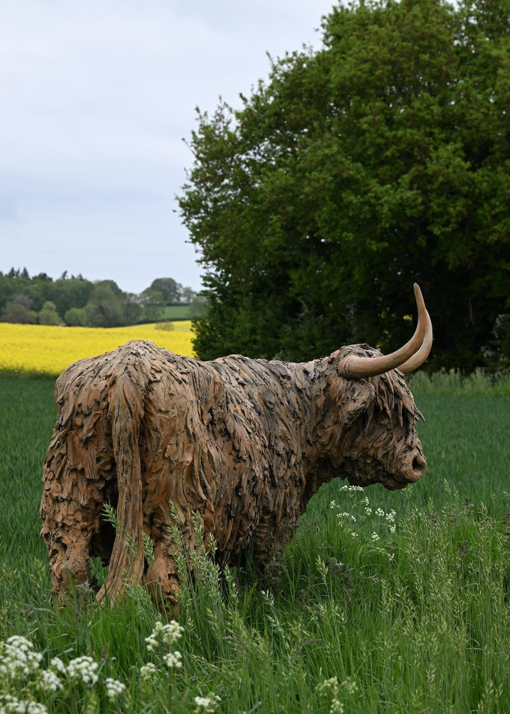 ‘Highland Cow: Life Size’ by Hamish Mackie, a life-size limited-edition bronze sculpture depicting a Scottish Highland cow standing in a grassy field. The sculpture features long, sweeping horns, a broad muzzle and a heavily textured, shaggy coat falling over the animal’s eyes. Finished in warm earthy brown bronze, the realistic wildlife sculpture captures the distinctive character and rugged appearance of the Highland breed.