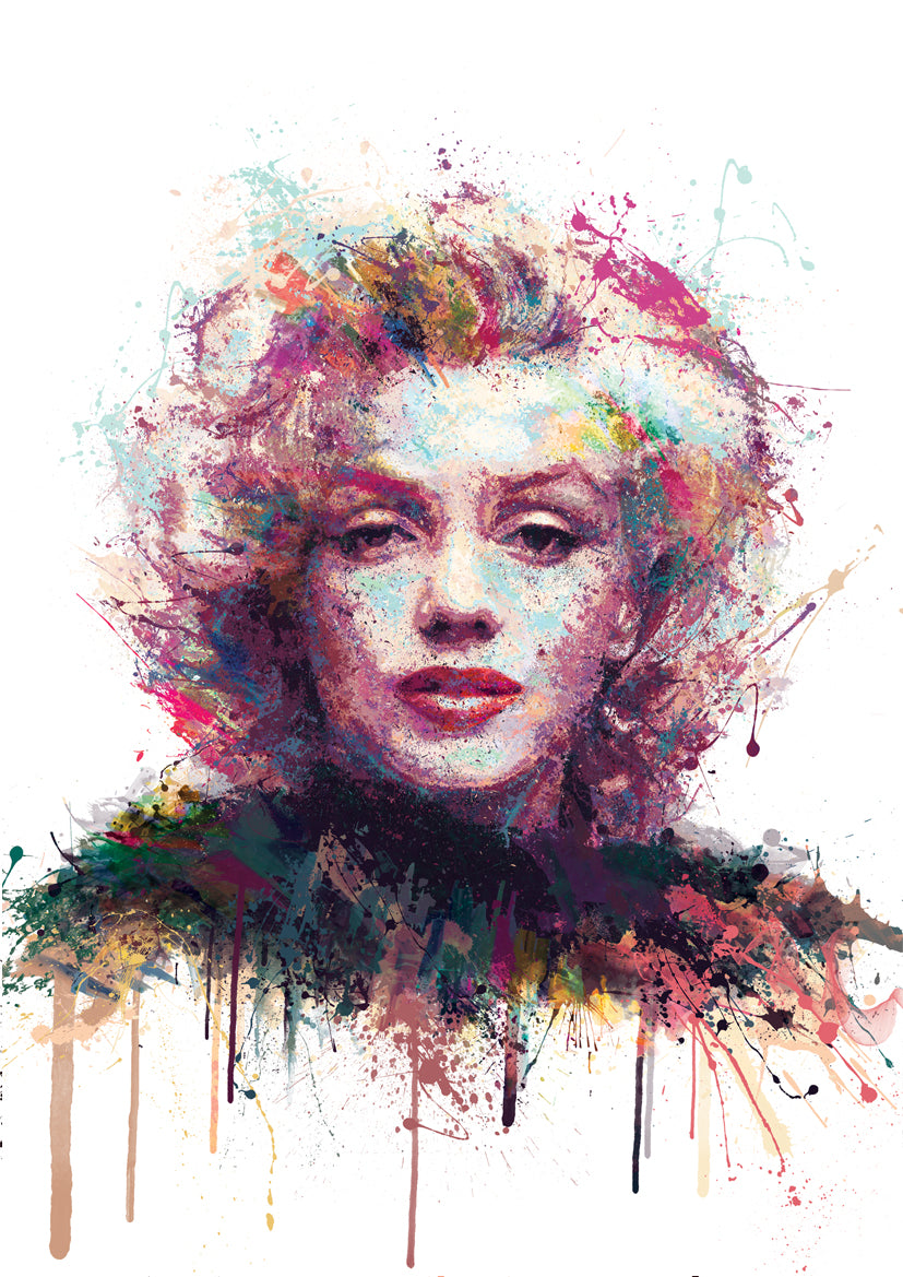 Expressive portrait of Marilyn Monroe rendered in a vivid splatter and drip technique, blending bold colour bursts with delicate facial detail on a clean white background.