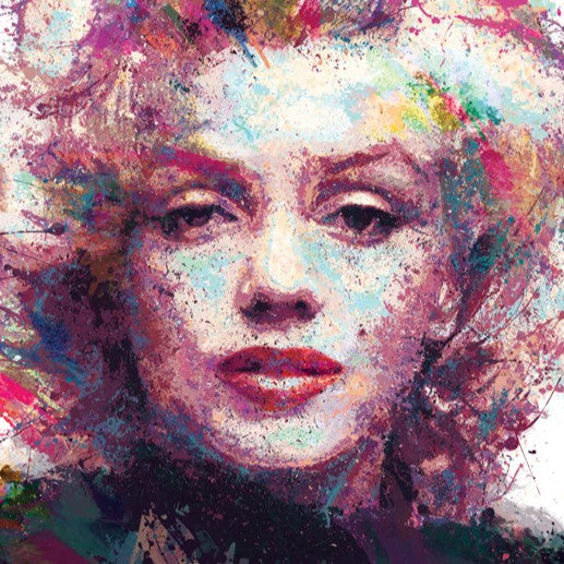 Expressive portrait of Marilyn Monroe rendered in a vivid splatter and drip technique, blending bold colour bursts with delicate facial detail on a clean white background.