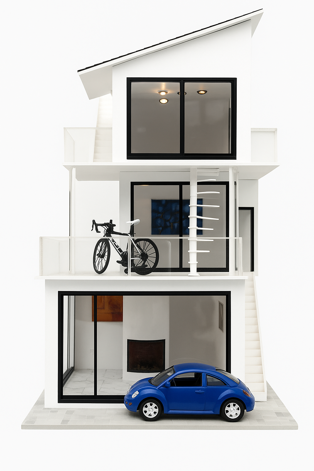 Contemporary dolls house with minimalist architecture, large glass panels, rooftop terrace, and detailed modern interiors.