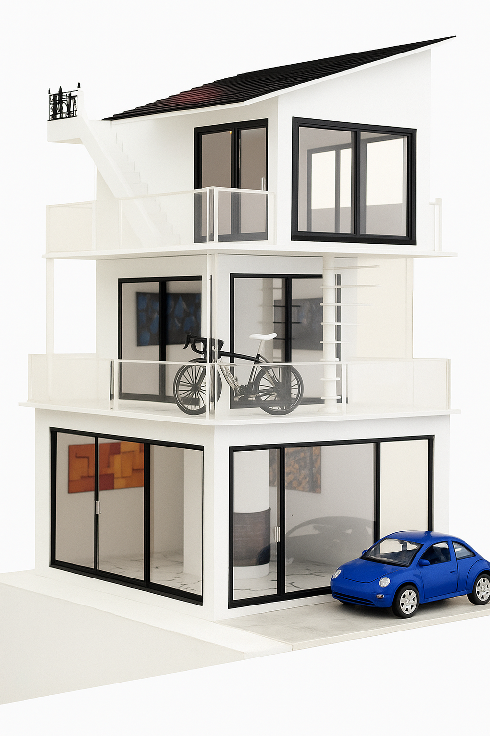 Contemporary dolls house with minimalist architecture, large glass panels, rooftop terrace, and detailed modern interiors.