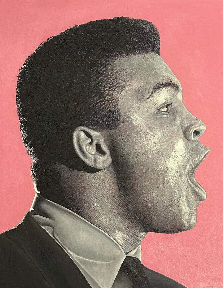 Muhammad Ali by James Earley — a hyperrealist oil painting styled as a weathered book cover, portraying the legendary boxer mid-speech against a striking pink backdrop, with hand-rendered typography and distressed edges, symbolising resilience, resistance, and the enduring fight against racism.