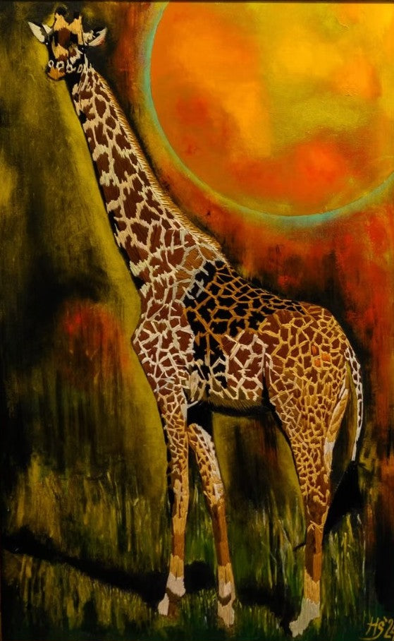 “Cecily and the Moon” by Helena Safari, embroidered and painted canvas depicting a giraffe standing tall under a glowing orange moon, with rich embroidered textures layered into acrylic brushwork, blending wildlife portraiture with textile artistry.