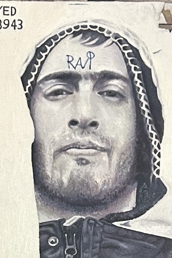 A New Book by James Earley — a hyperrealist oil painting styled as a worn book cover, featuring the image of a hooded man partially obscured by peeling layers, set against a graffiti-covered brick wall under a mock street sign reading "Corbet Place." Text beneath imagines a future story of revolution, empathy, and the end of global poverty.