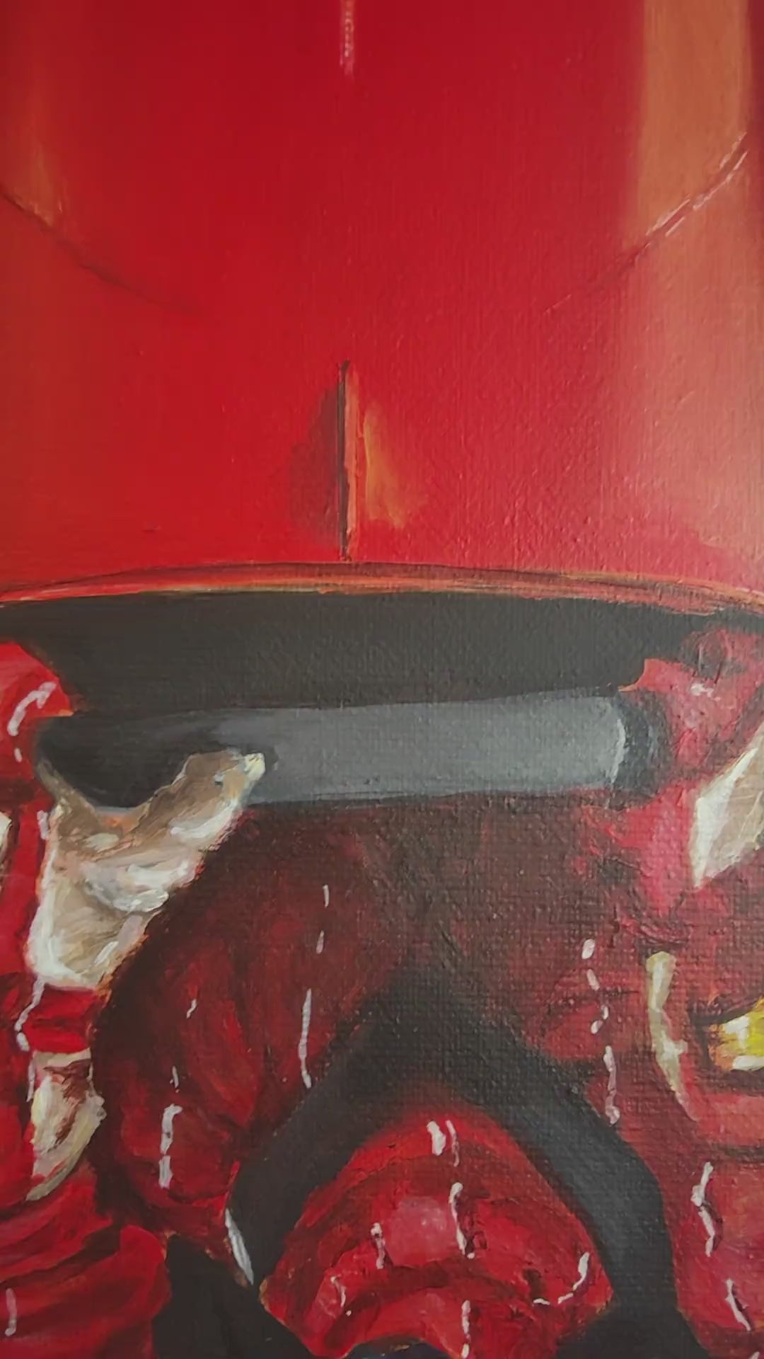 Video of Hyper-realistic top-down painting of Ayrton Senna driving the legendary McLaren MP4/4 Formula 1 car, finished in iconic Marlboro red and white livery, set against a deep grey racing track background. Senna’s bright yellow helmet glows at the centre of the sleek aerodynamic body, capturing speed, control, and motorsport heritage in a striking aerial perspective.