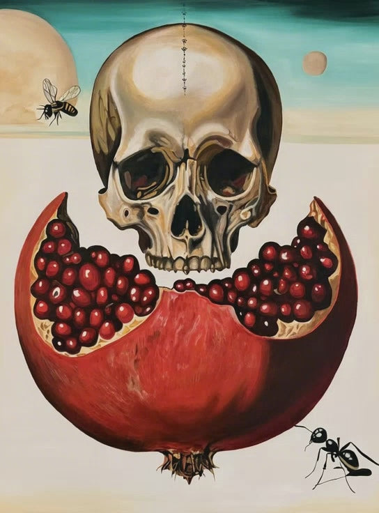 VIDEO Victoria Saint Alchemy oil painting featuring a skull above a split pomegranate with rich red seeds, symbolic elements of transformation, life and mortality set against a surreal, minimalist landscape.