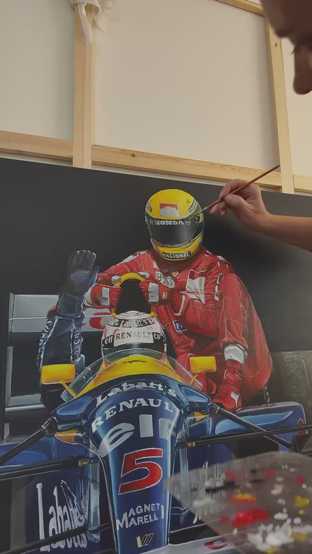 Video Hyperrealistic painting of the iconic “taxi ride” moment from the 1991 British Grand Prix — Ayrton Senna in red racing overalls and yellow helmet riding on the sidepod of Nigel Mansell’s blue Williams F1 car. The scene captures raw camaraderie amid competition, with worn tyres, sponsor decals, and mechanical details rendered in striking detail against a dramatic dark background.
