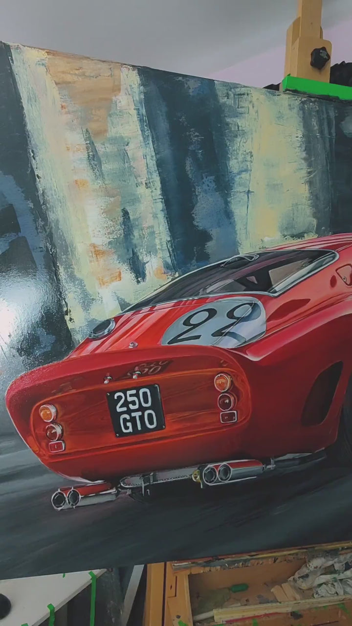 Video Hyperrealistic painting of the Ferrari 250 GTO seen from the rear three-quarter view, its sculpted red body gleaming with deep gloss and subtle reflections. White racing roundels with black numbers “22” and “29,” classic chrome exhaust pipes, and vintage license plate “250 GTO” stand out against a moody abstract background of muted blues, greys, and creams. An homage to the world’s most coveted racing car — timeless, powerful, and iconic.
